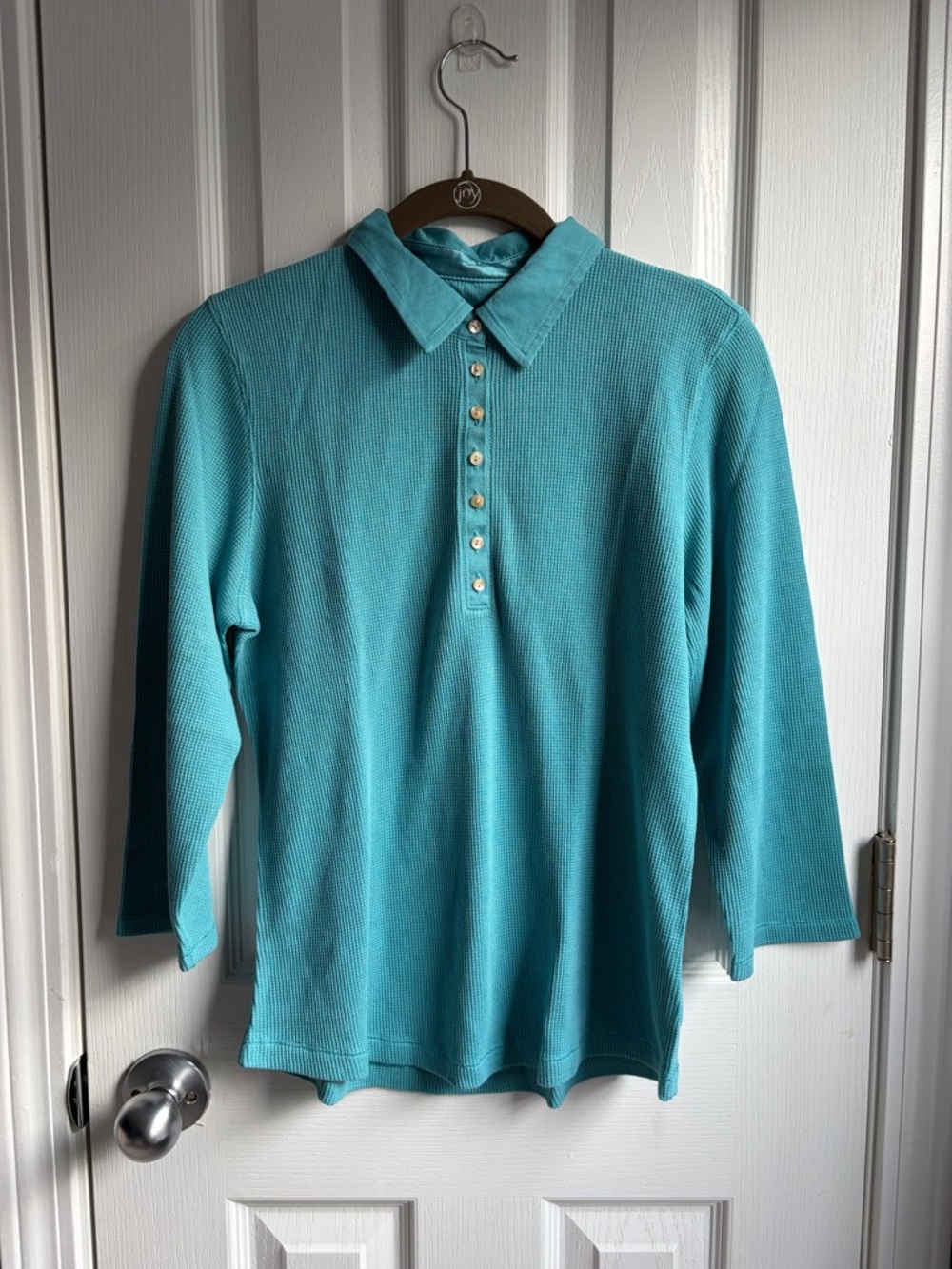 Eddie Bauer Collared Half Button 3/4 Sleeves Shirt Size Large Teal/Turquoise